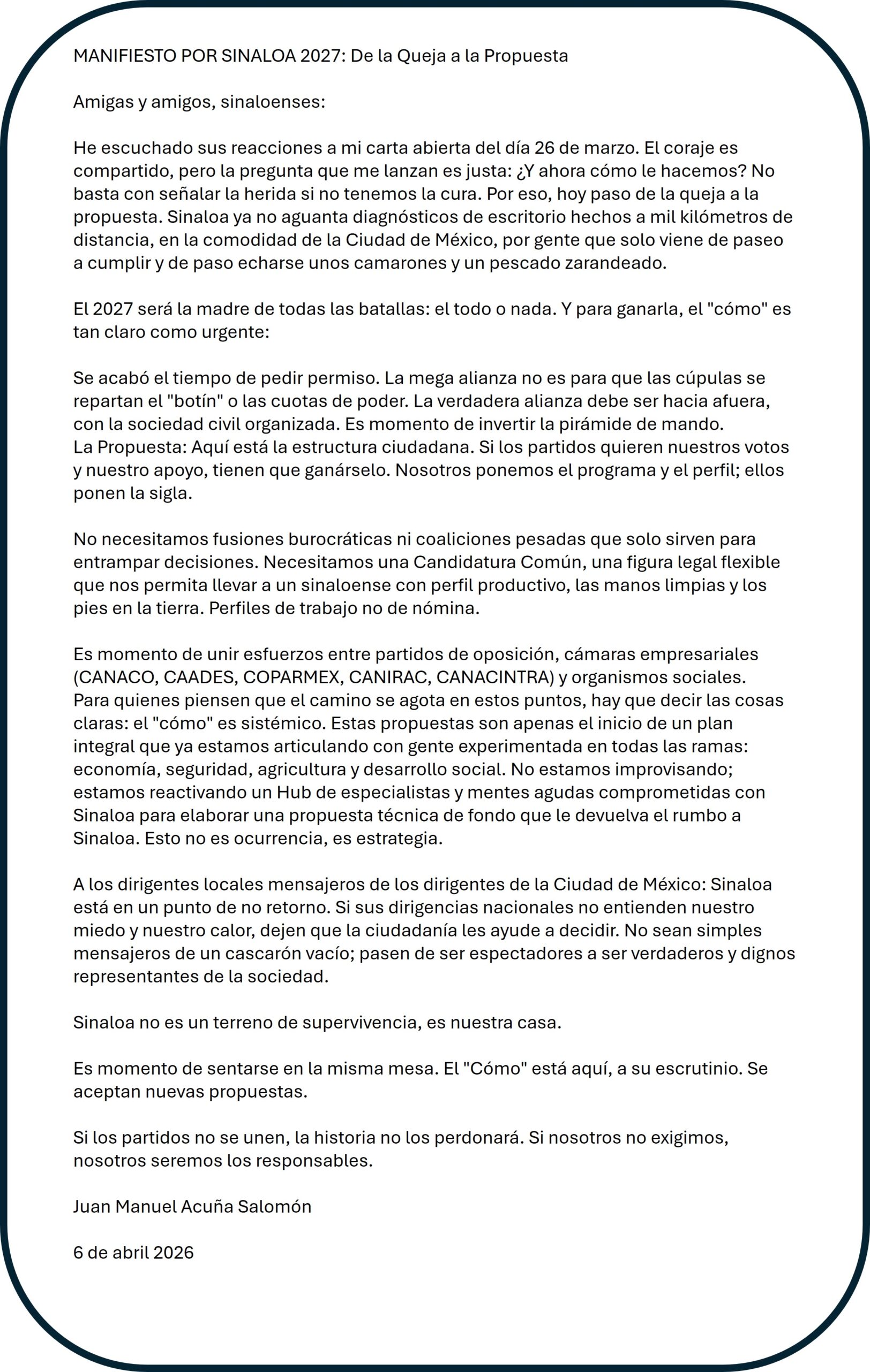 Manifiesto por Sinaloa 2027